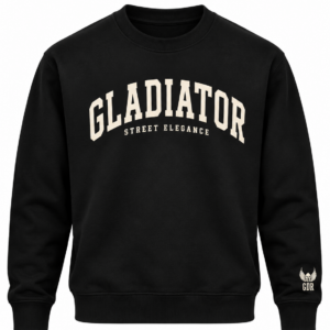 Predná strana čiernej mikiny Lucius s béžovým nápisom Gladiator Street Elegance