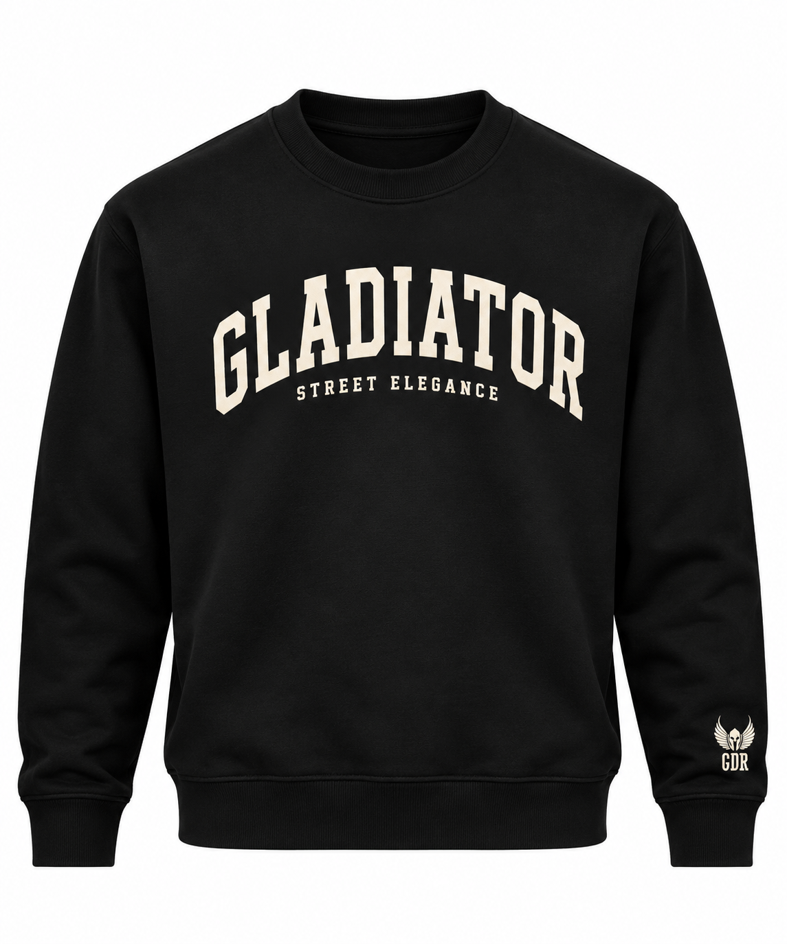 Predná strana čiernej mikiny Lucius s béžovým nápisom Gladiator Street Elegance